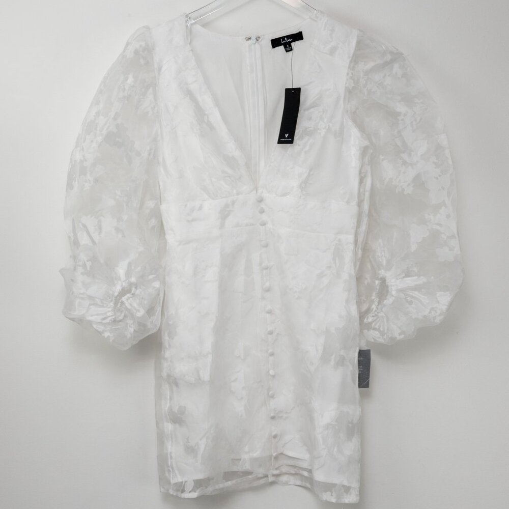 Lulus Dramatic Energy Floral Burnout Balloon Sleeve Mini Dress White Small NWT - Picture 2 of 7